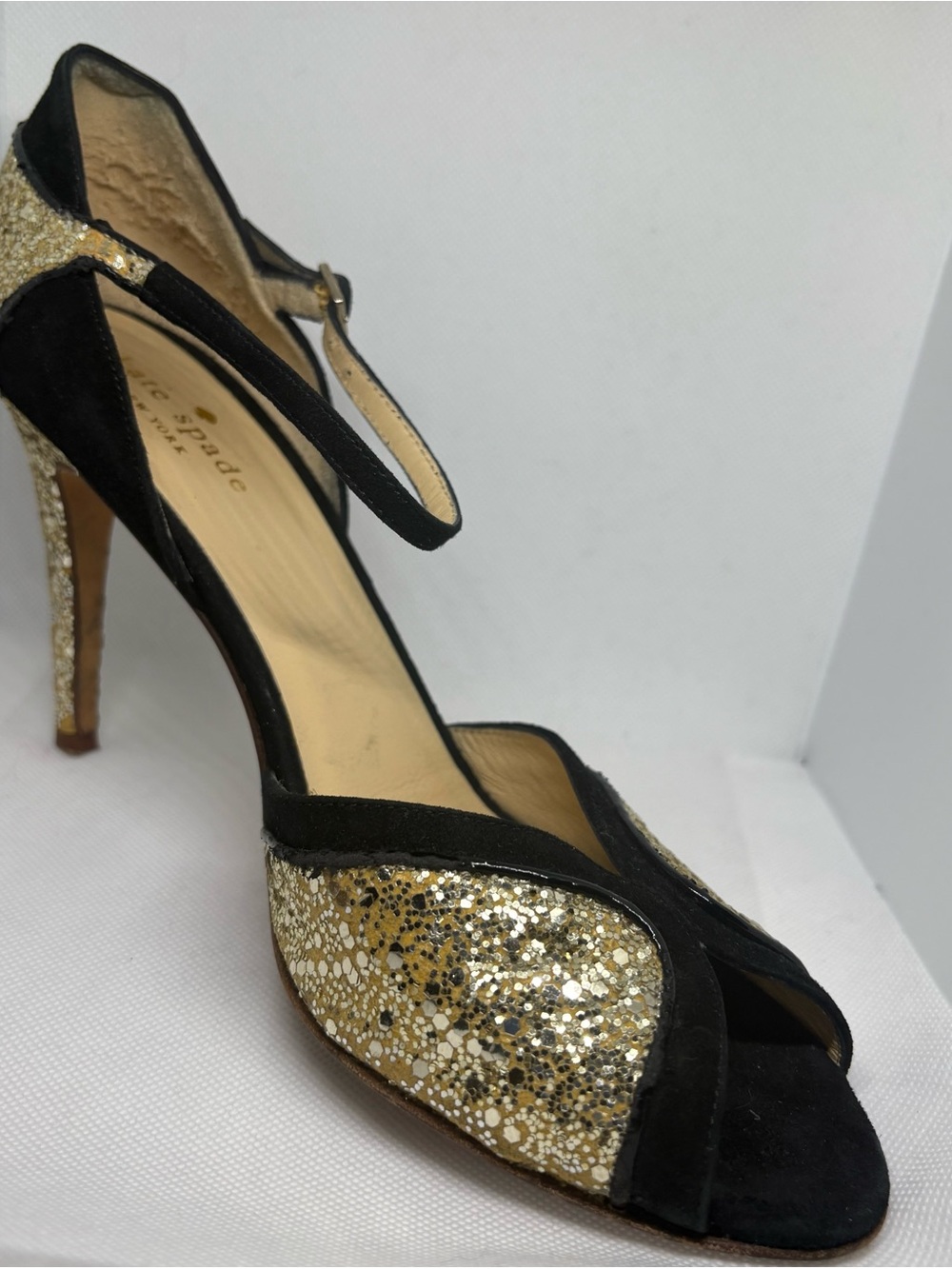 Kate Spade Black and Gold Glitter Peep-Toe Ankle-Strap Heels